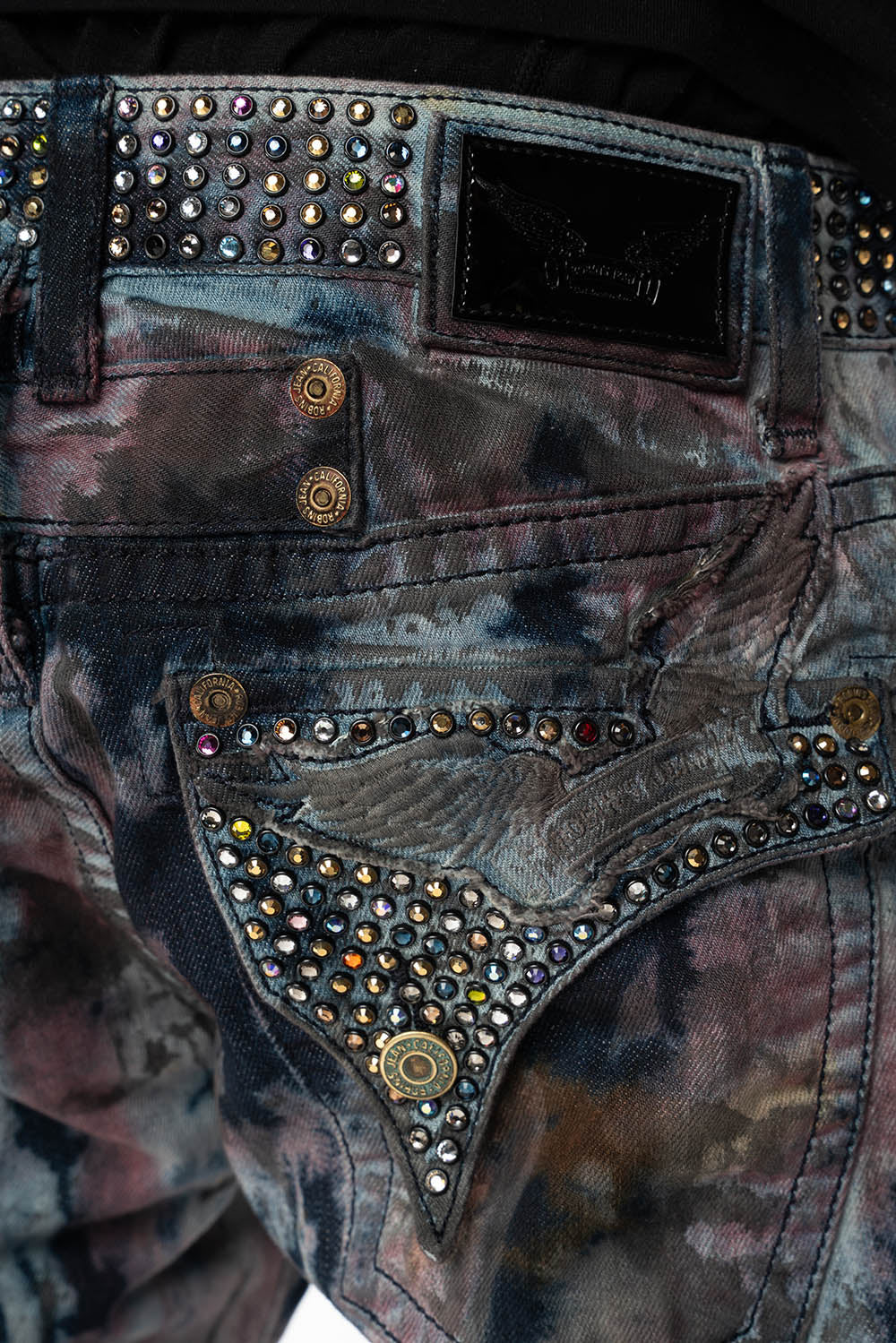 ARCHIVE LIMITED EDITION MENS LONG FLAP BOOT CUT JEANS IN BABA RED WASH WITH CRYSTALS - Image 4