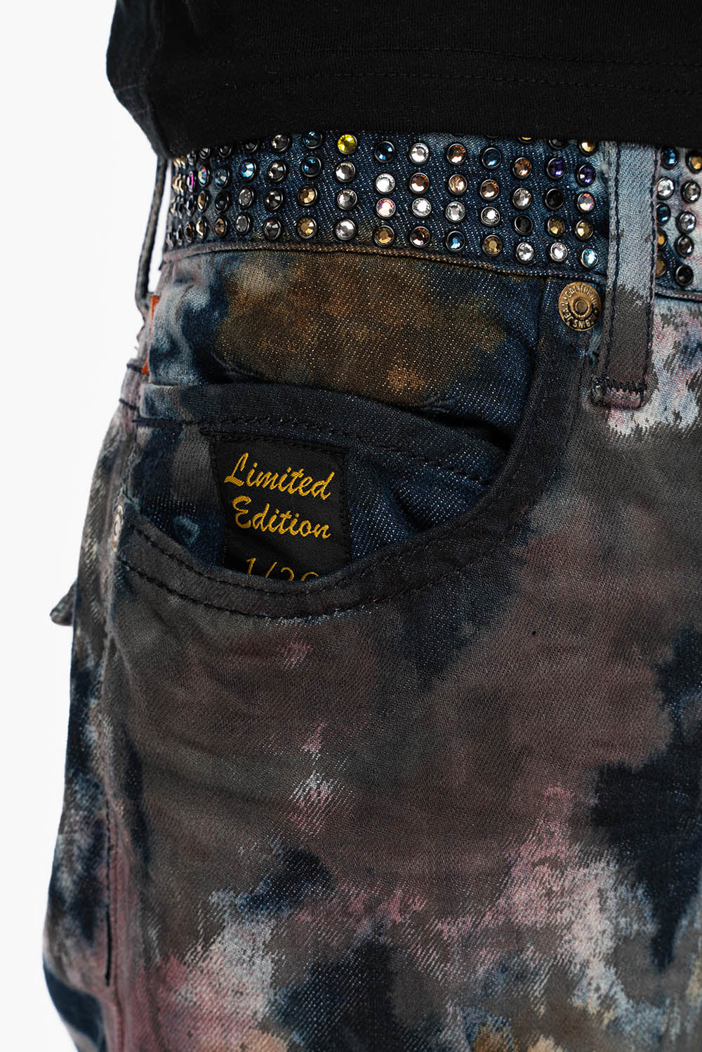 ARCHIVE LIMITED EDITION MENS LONG FLAP BOOT CUT JEANS IN BABA RED WASH WITH CRYSTALS - Image 5