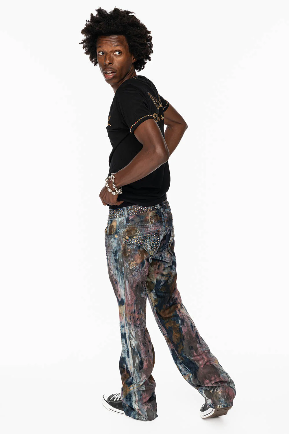 ARCHIVE LIMITED EDITION MENS LONG FLAP BOOT CUT JEANS IN BABA RED WASH WITH CRYSTALS - Image 6