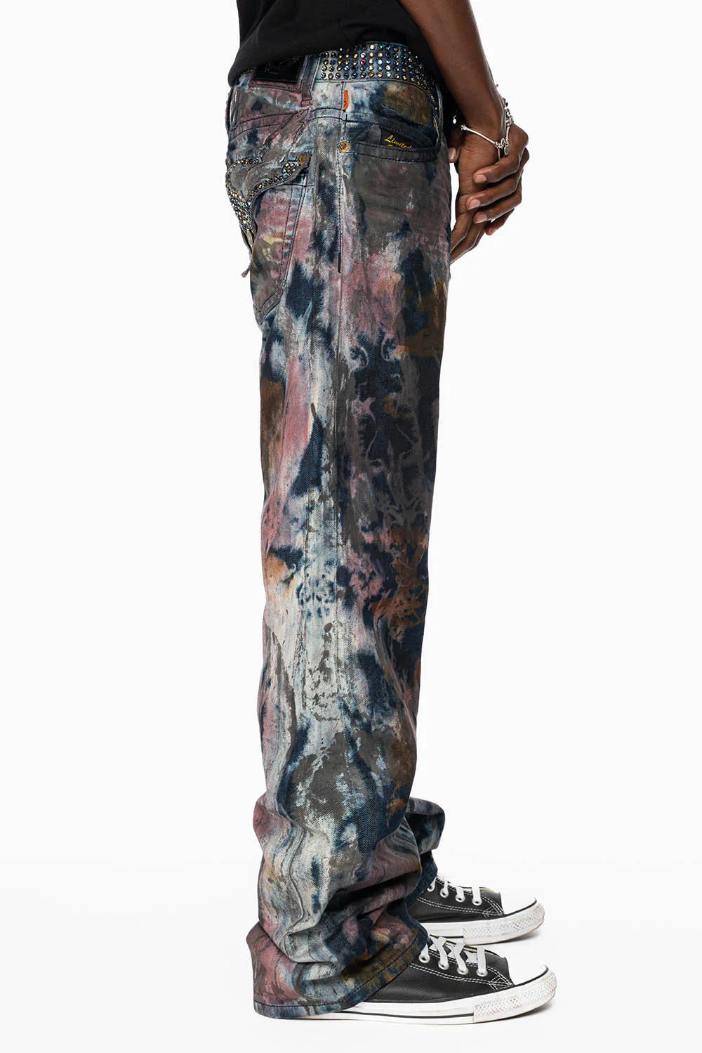 ARCHIVE LIMITED EDITION MENS LONG FLAP BOOT CUT JEANS IN BABA RED WASH WITH CRYSTALS - Image 8