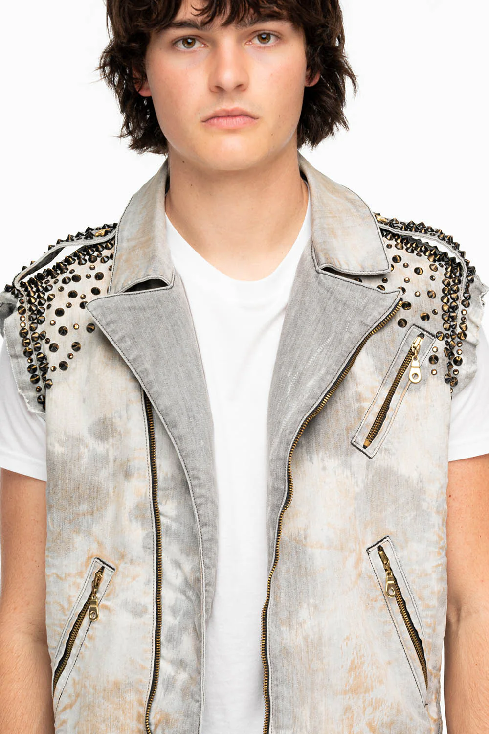 MENS RAW EDGE BIKER VEST IN JOSEPH BLACK WITH STUDS AND CRYSTALS - Image 3