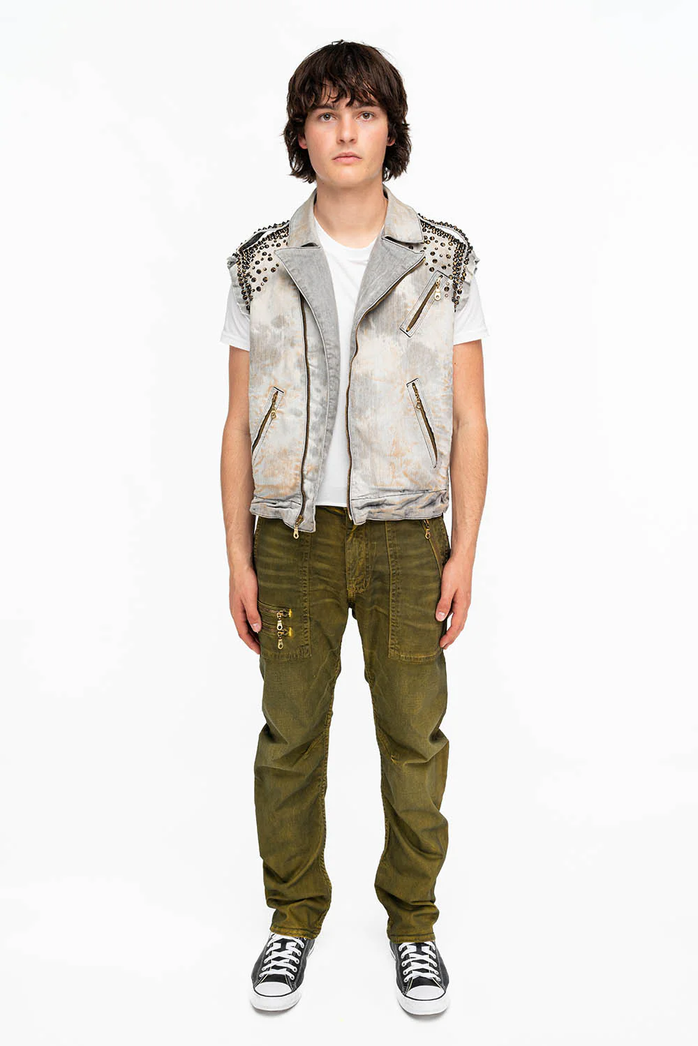 MENS RAW EDGE BIKER VEST IN JOSEPH BLACK WITH STUDS AND CRYSTALS - Image 5