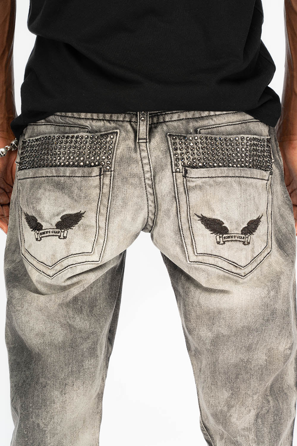 MENS DOUBLE BACK POCKET JEANS WITH CRYSTALS IN CHEROKEE WASH - Image 4