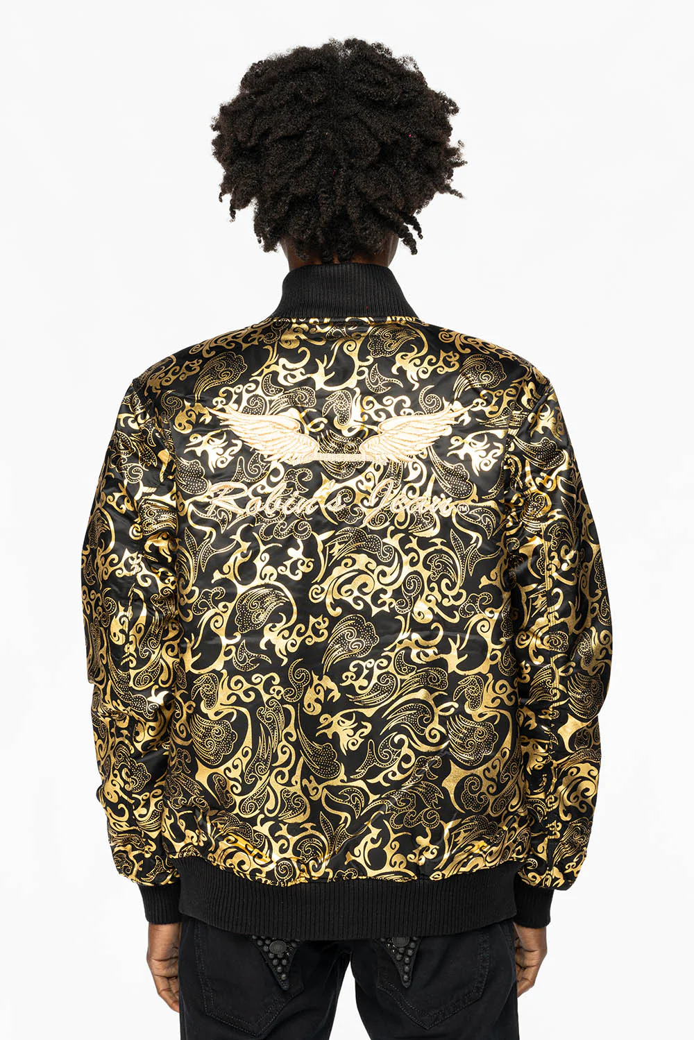 ROBIN’S REVERSIBLE VARSITY BOMBER JACKET IN BLACK/GOLD - Image 3