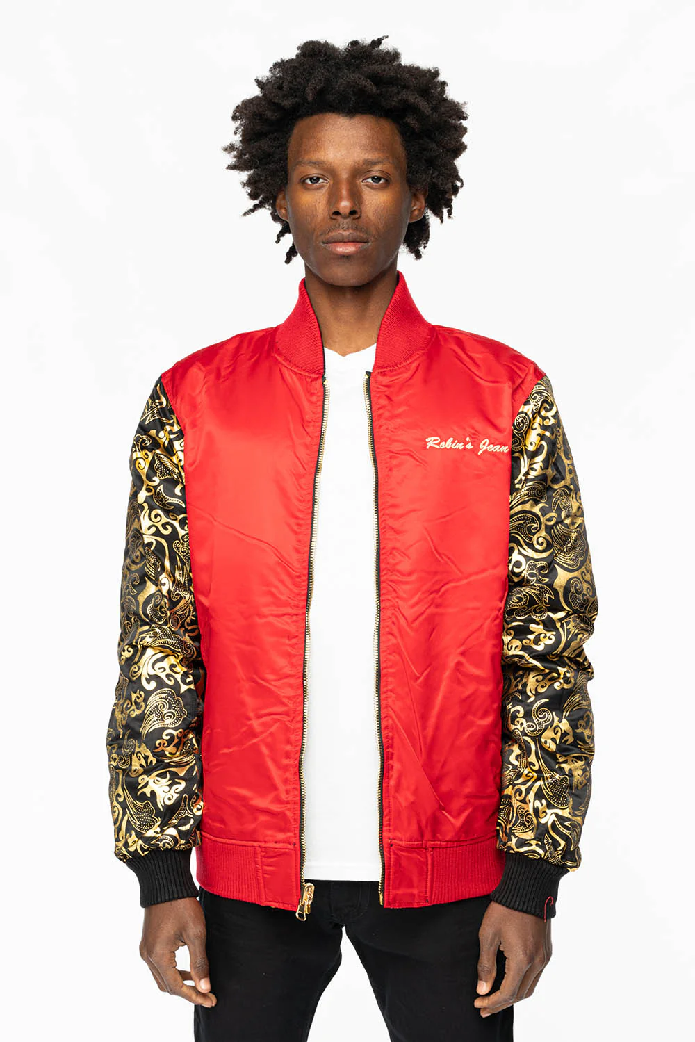 ROBIN’S REVERSIBLE VARSITY BOMBER JACKET IN BLACK/GOLD - Image 4
