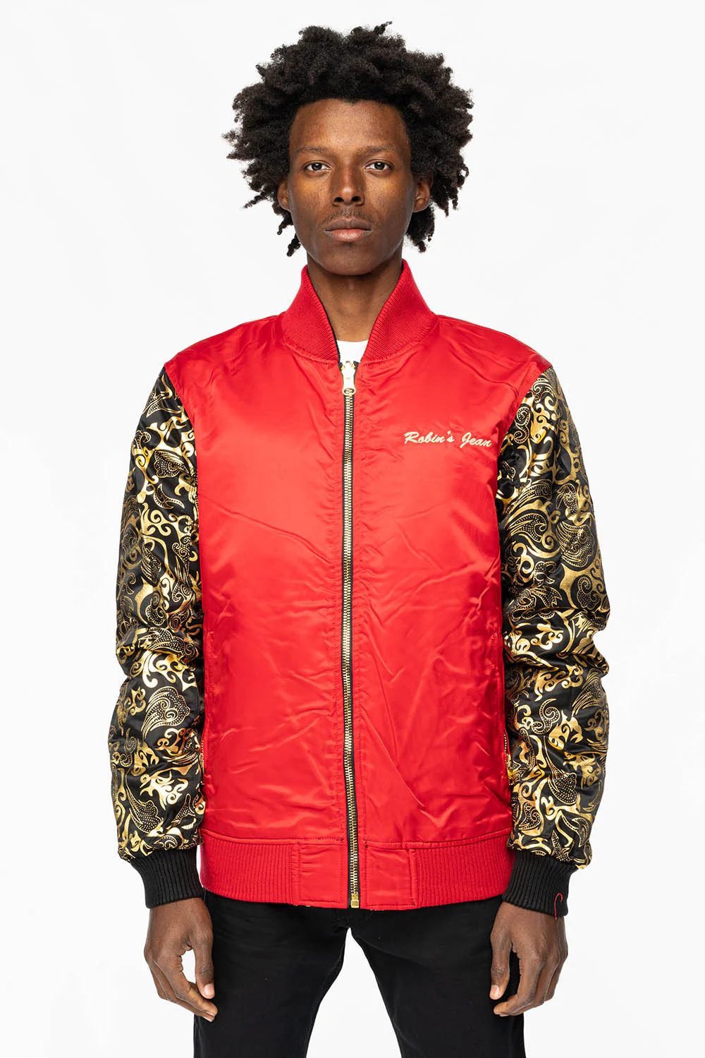 ROBIN’S REVERSIBLE VARSITY BOMBER JACKET IN BLACK/GOLD - Image 5