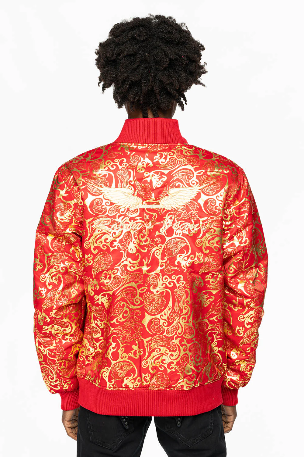 ROBIN’S REVERSIBLE VARSITY BOMBER JACKET IN RED/GOLD - Image 3