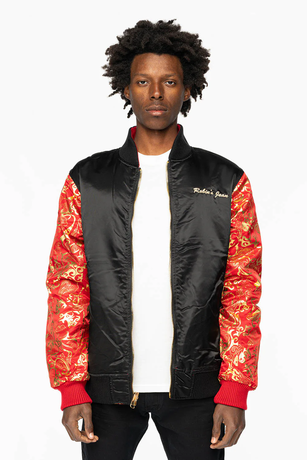 ROBIN’S REVERSIBLE VARSITY BOMBER JACKET IN RED/GOLD - Image 4