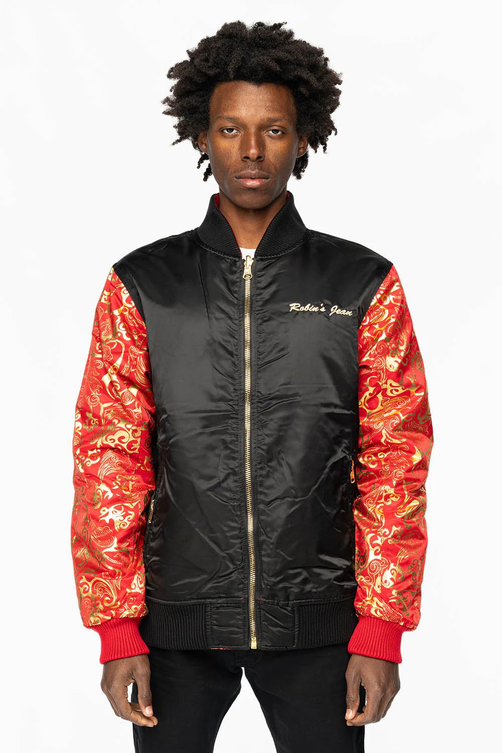 ROBIN’S REVERSIBLE VARSITY BOMBER JACKET IN RED/GOLD - Image 5