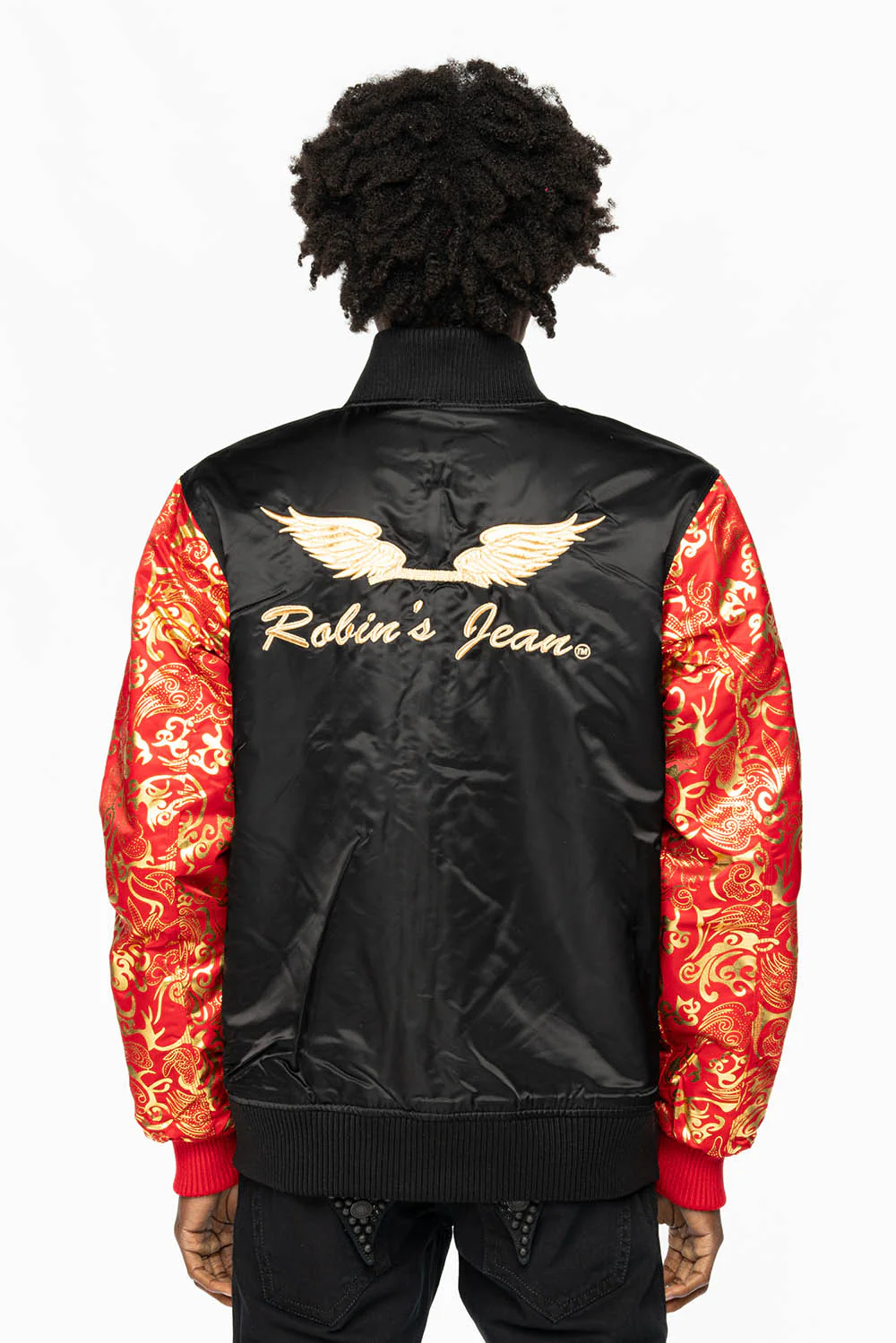 ROBIN’S REVERSIBLE VARSITY BOMBER JACKET IN RED/GOLD - Image 6