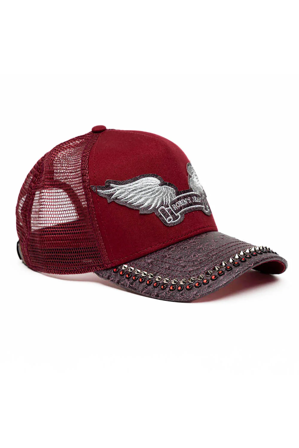 BURGUNDY/WINE OSTRICH TRUCKER HAT WITH SILVER SPIKE/RED CRYSTAL EMBELLISHMENT - Image 3