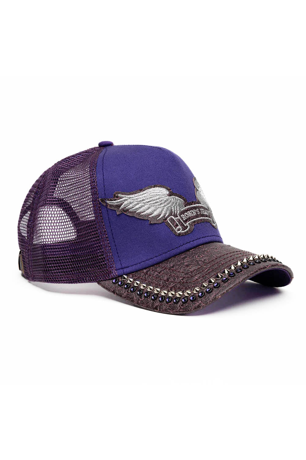 PURPLE/WINE OSTRICH TRUCKER HAT WITH SILVER SPIKE/PURPLE CRYSTAL EMBELLISHMENT - Image 3