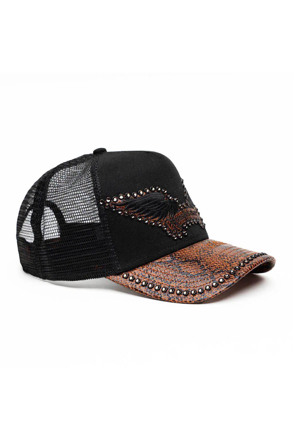 BLK/BROWN PYTHON TRUCKER HAT WITH SMOKY TOPAZ EMBELLISHMENT - Image 3