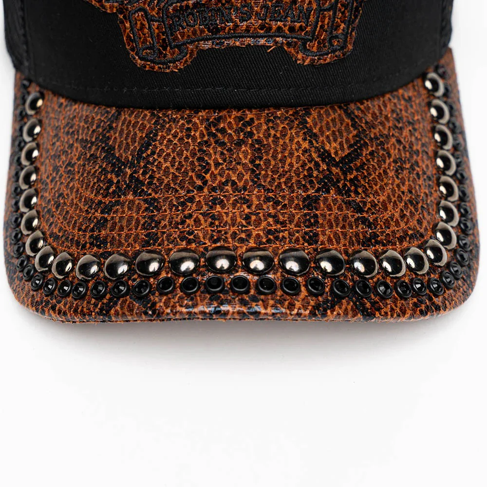BLK/BROWN PYTHON TRUCKER HAT WITH JET BLK CRYSTAL/GUNMETAL NAILHEADS EMBELLISHMENT - Image 3