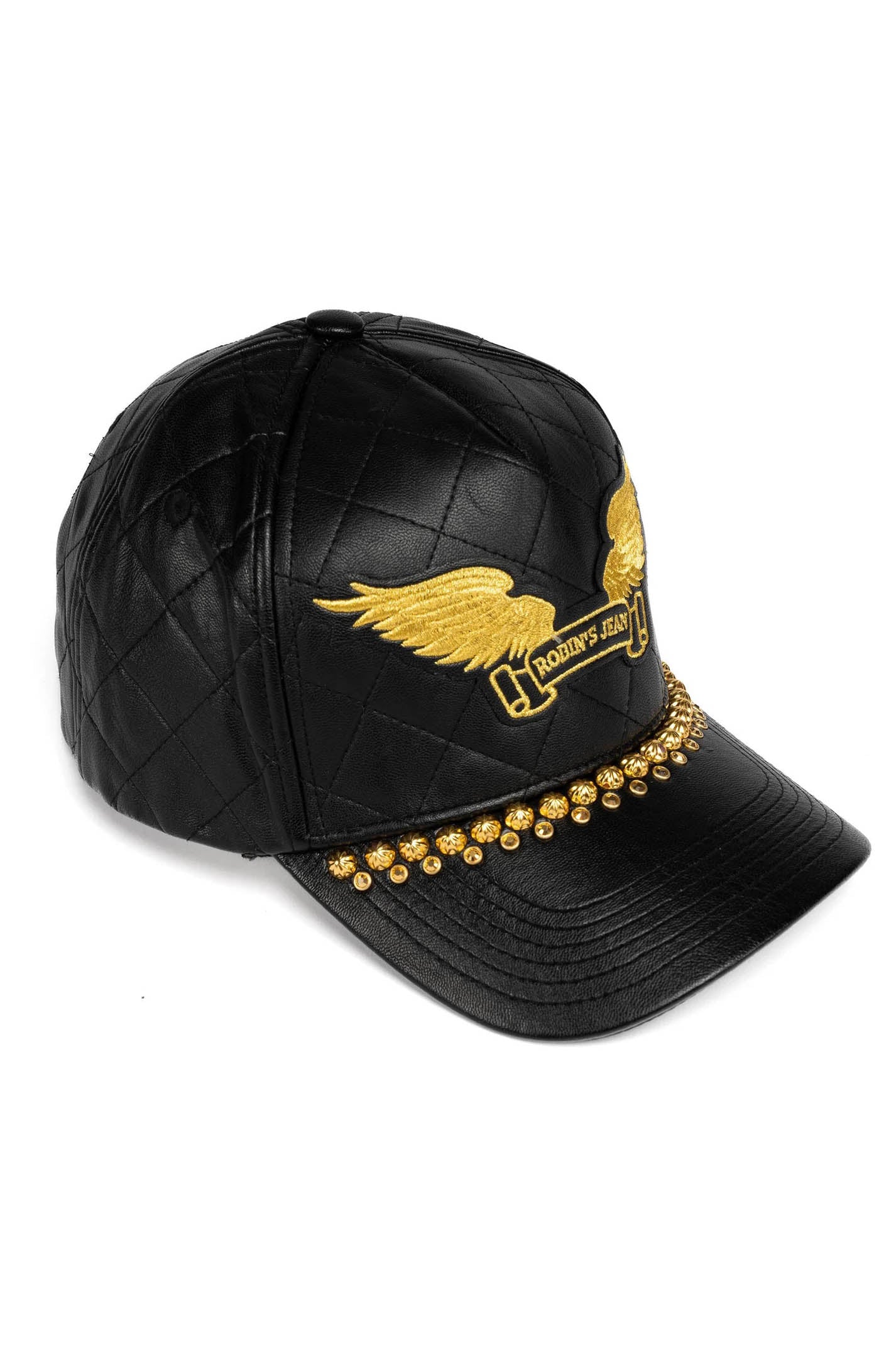 ROBINS LEATHER QUILTED CAP WITH GOLD WINGS STUDS AND CRYSTALS IN BLACK - Image 3