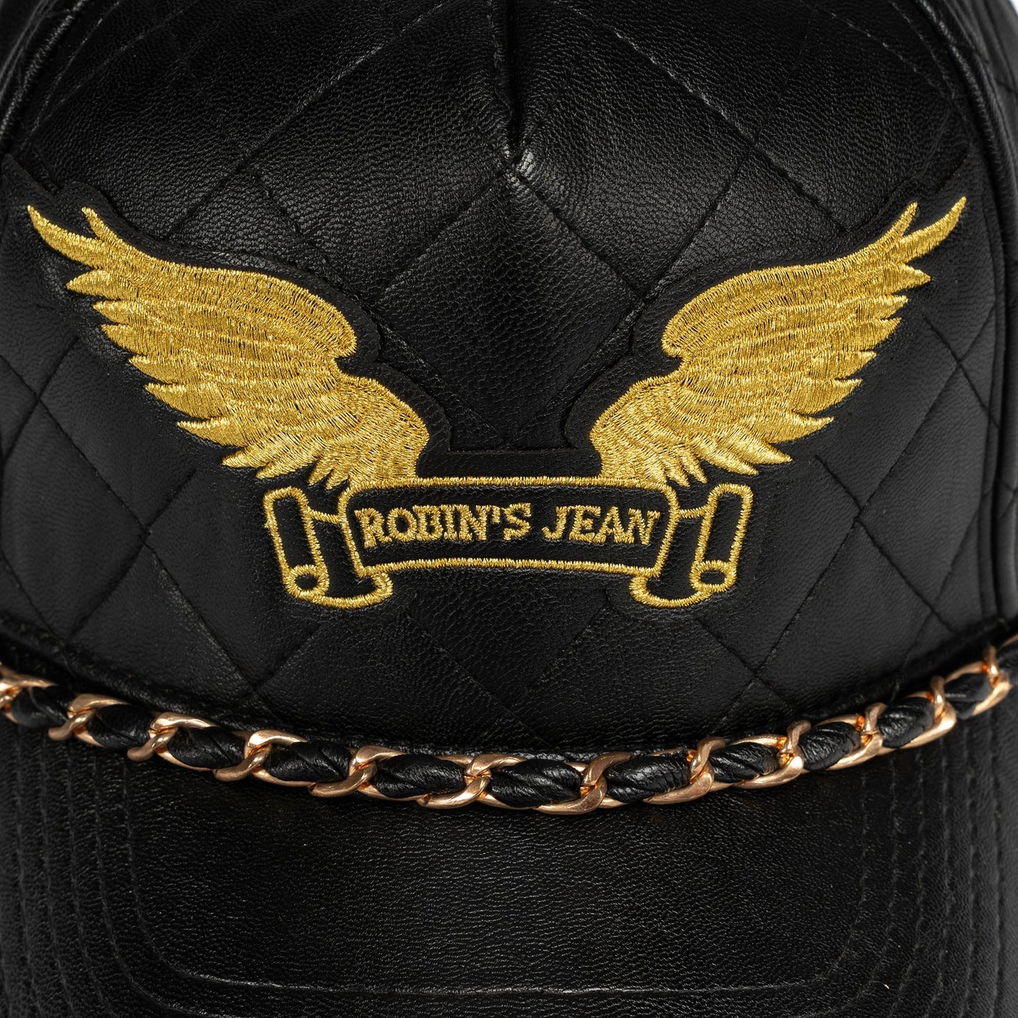 ROBINS LEATHER QUILTED CAP WITH GOLD WINGS STUDS AND COPPER CHAIN IN BLACK - Image 3
