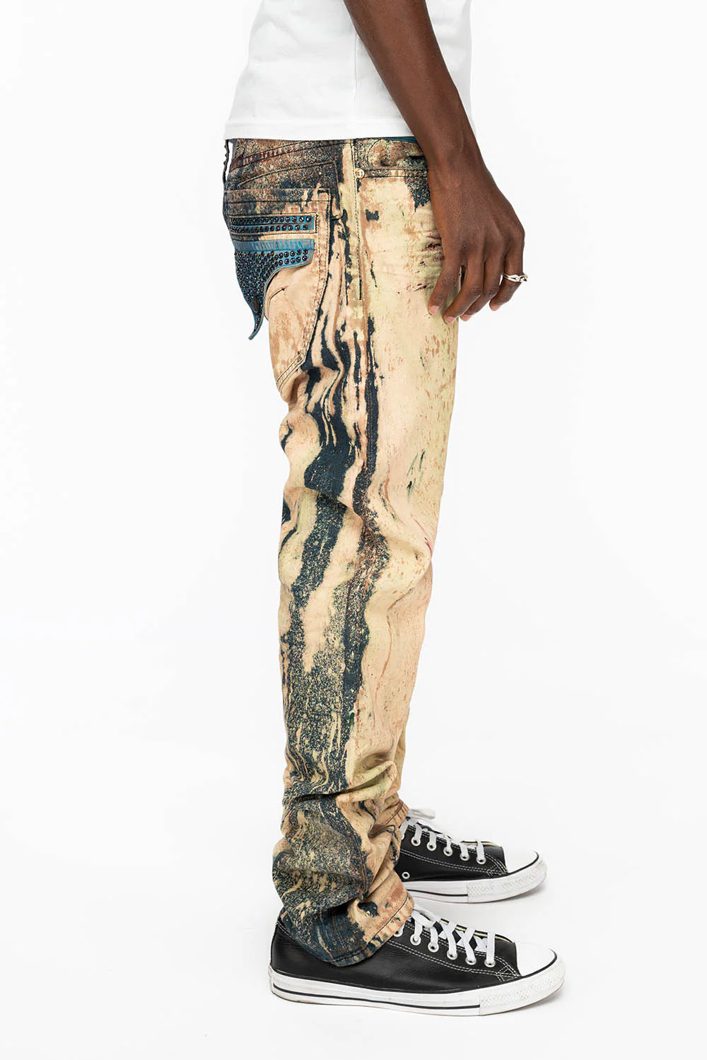 MENS  FLAP POCKET SKINNY JEANS IN GRAFFITI WASH WITH CRYSTALS - Image 3