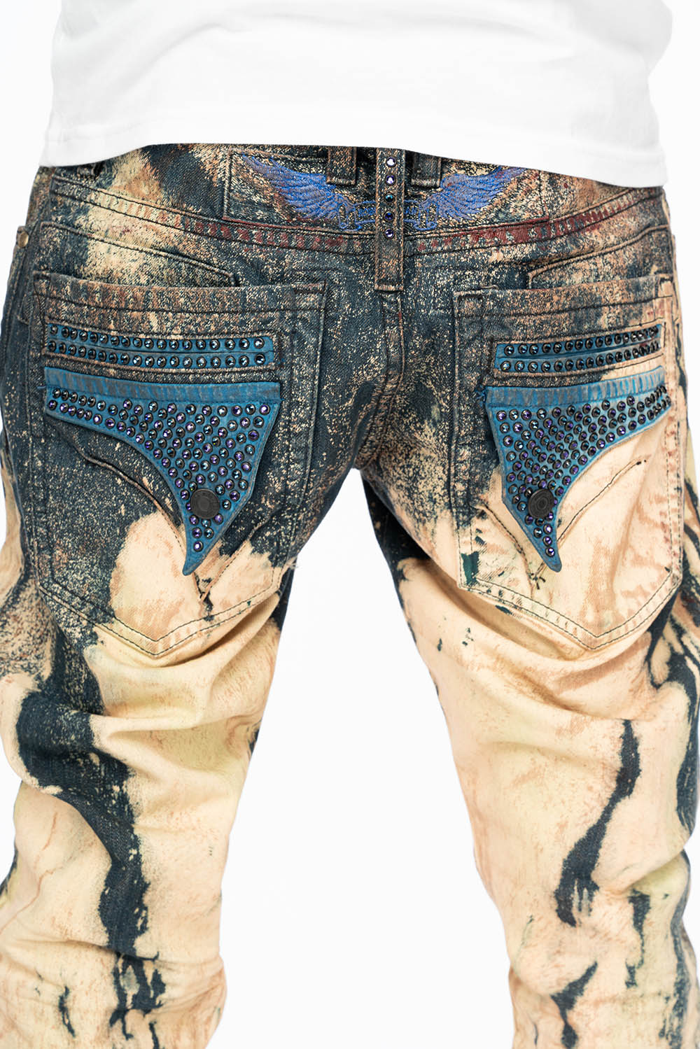 MENS  FLAP POCKET SKINNY JEANS IN GRAFFITI WASH WITH CRYSTALS - Image 4