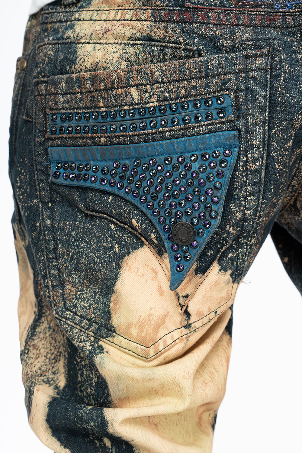 MENS  FLAP POCKET SKINNY JEANS IN GRAFFITI WASH WITH CRYSTALS - Image 5