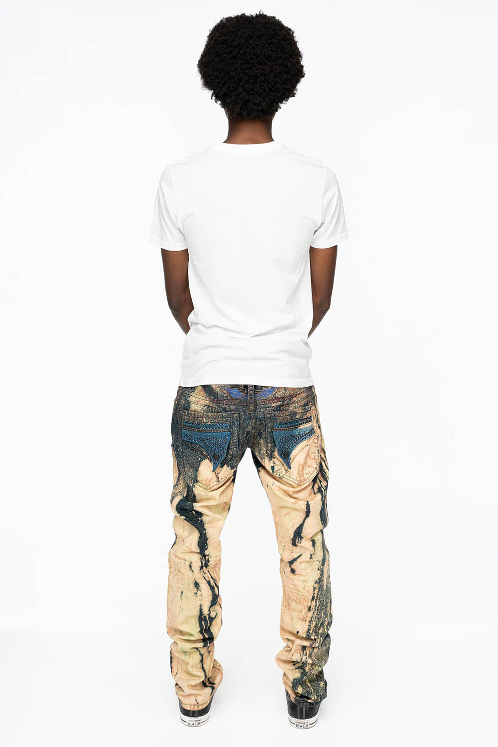 MENS  FLAP POCKET SKINNY JEANS IN GRAFFITI WASH WITH CRYSTALS - Image 6