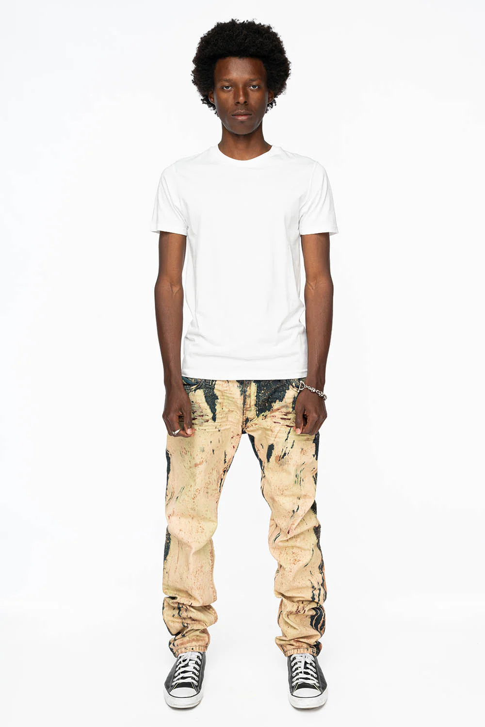 MENS  FLAP POCKET SKINNY JEANS IN GRAFFITI WASH WITH CRYSTALS - Image 7