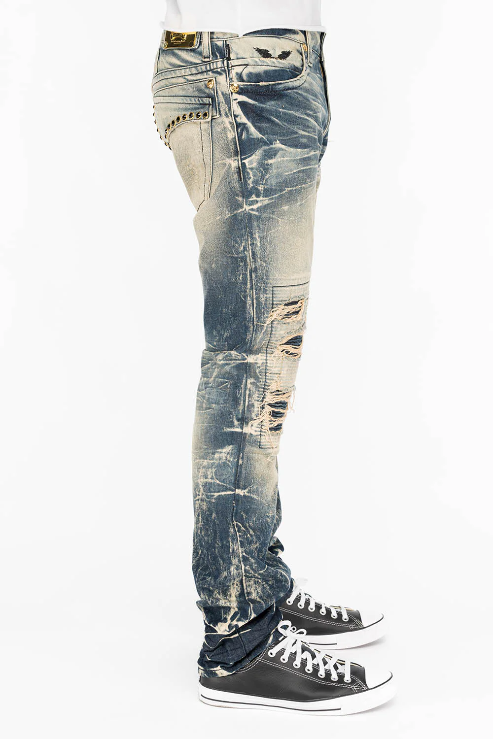 CROSSED OUT LONG FLAP MENS JEANS IN 4D DARK BROKEN WITH CRYSTALS - Image 4