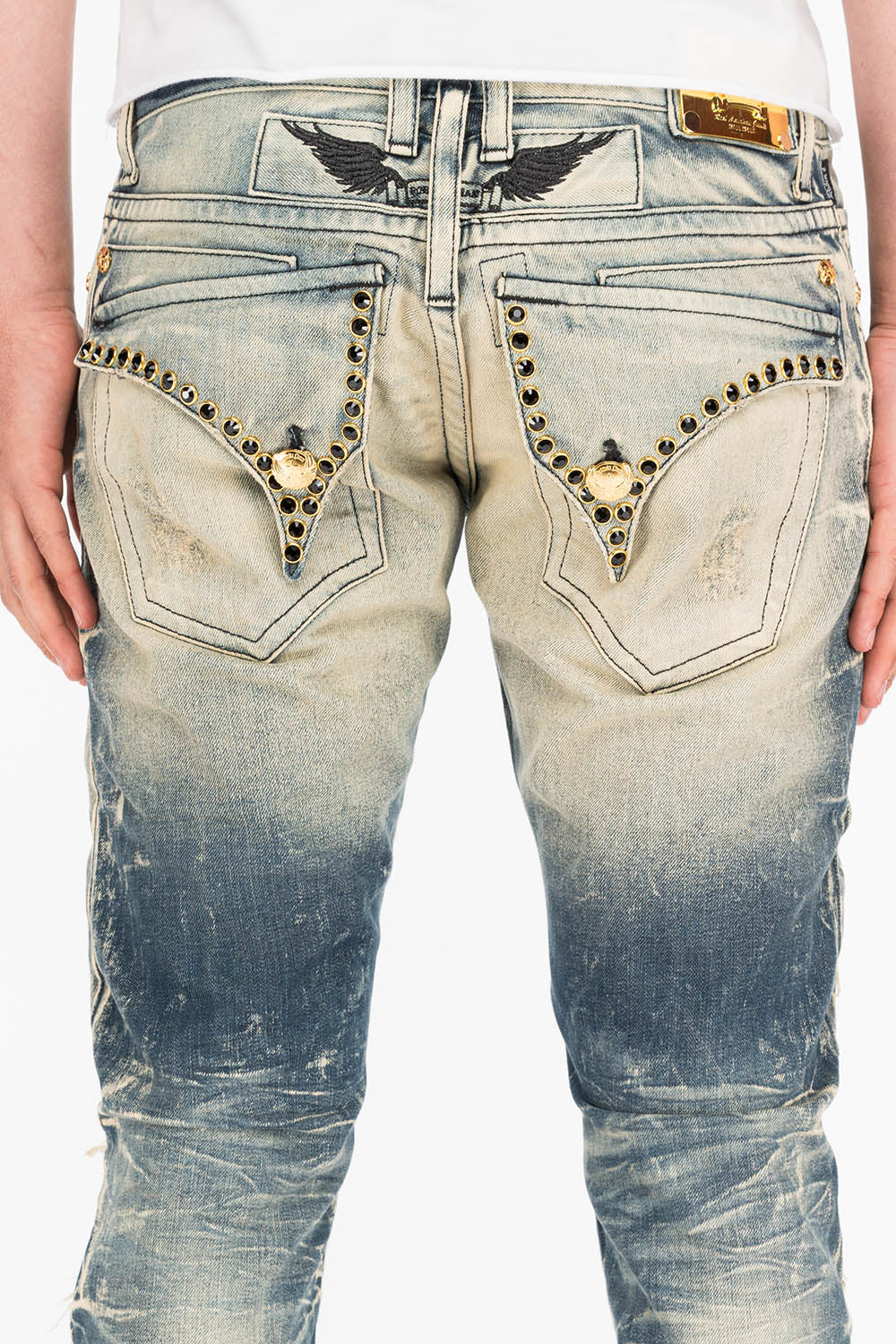 CROSSED OUT LONG FLAP MENS JEANS IN 4D DARK BROKEN WITH CRYSTALS - Image 6