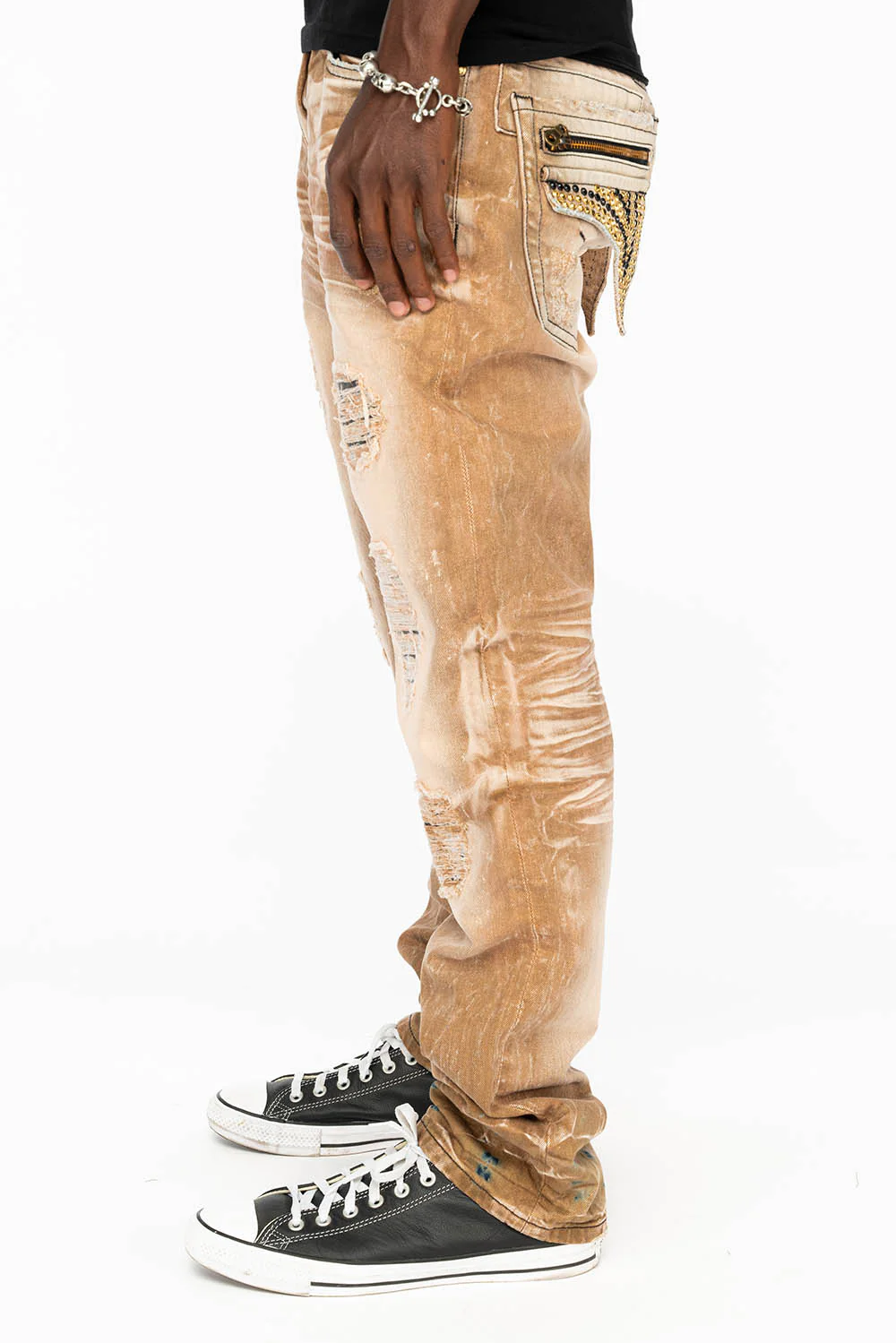 MINI FLAP MENS SLIM JEANS IN AMARETO DESTROY BACKING WITH CRYSTALS - Image 10