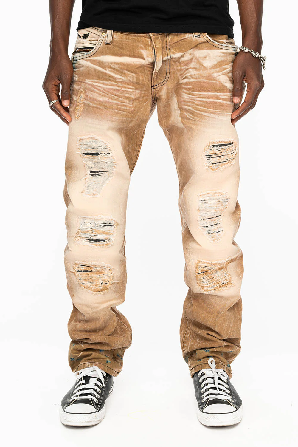 MINI FLAP MENS SLIM JEANS IN AMARETO DESTROY BACKING WITH CRYSTALS - Image 11