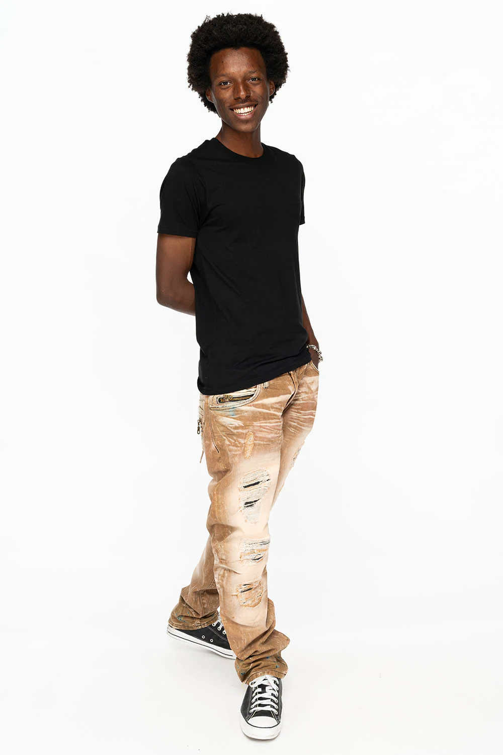 MINI FLAP MENS SLIM JEANS IN AMARETO DESTROY BACKING WITH CRYSTALS - Image 5