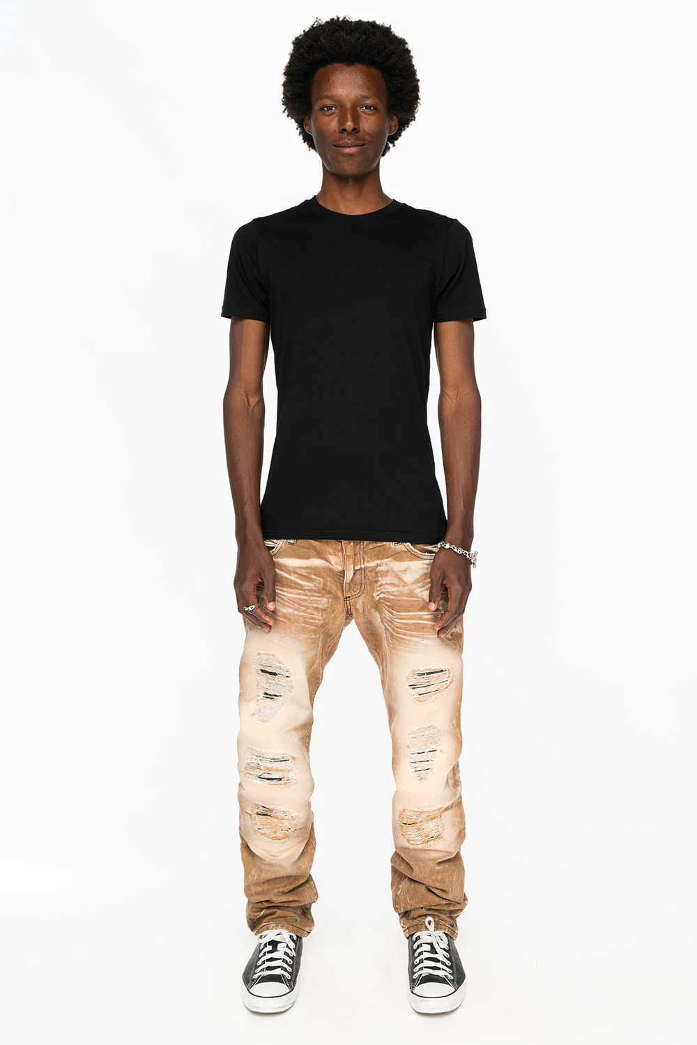 MINI FLAP MENS SLIM JEANS IN AMARETO DESTROY BACKING WITH CRYSTALS - Image 6