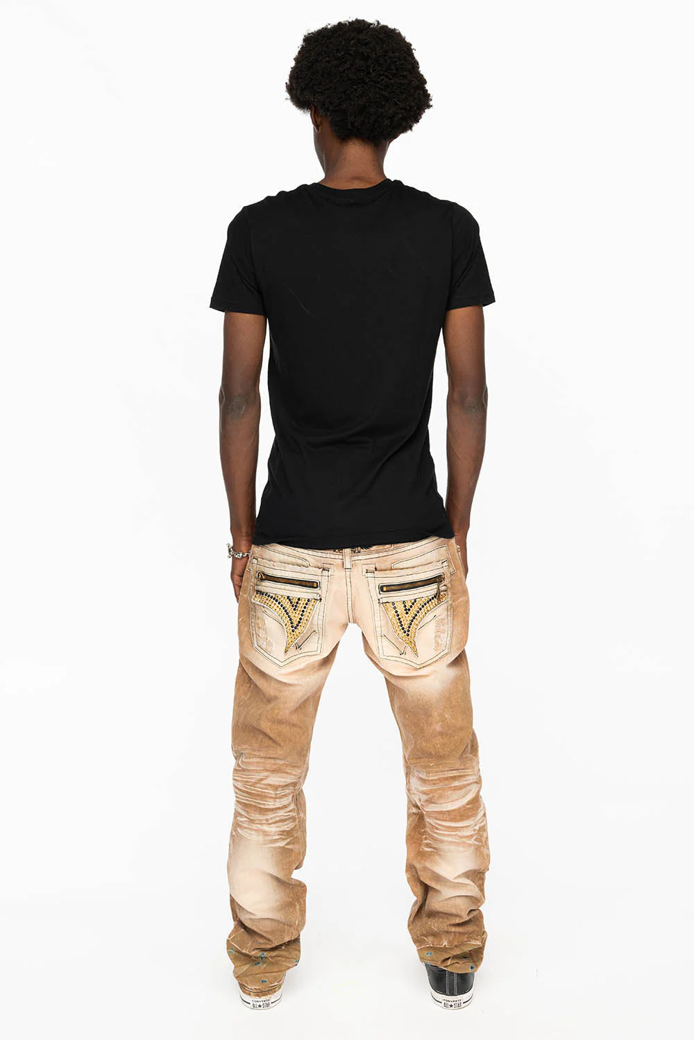 MINI FLAP MENS SLIM JEANS IN AMARETO DESTROY BACKING WITH CRYSTALS - Image 7