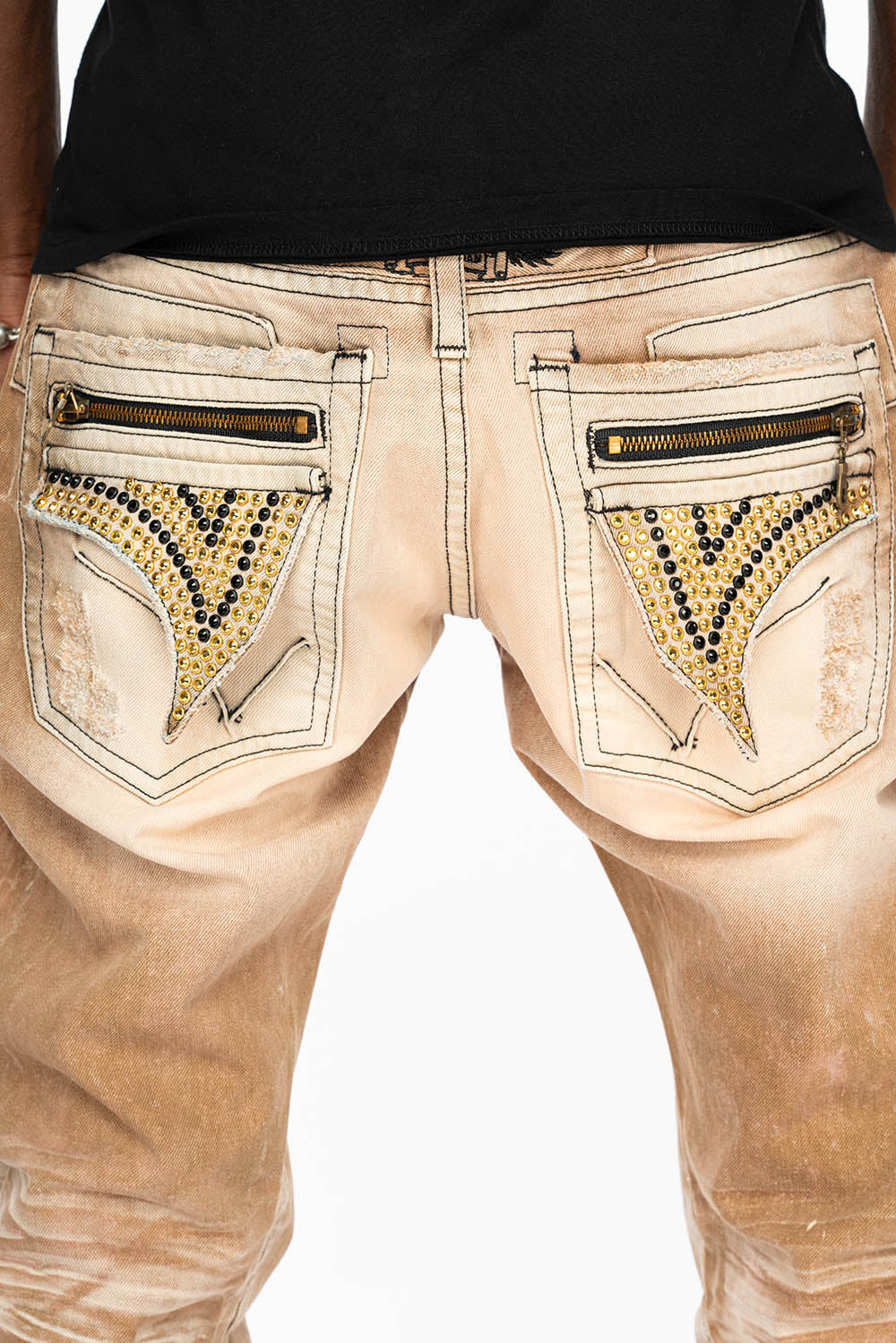 MINI FLAP MENS SLIM JEANS IN AMARETO DESTROY BACKING WITH CRYSTALS - Image 8