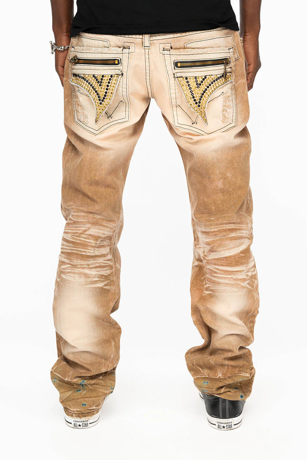 MINI FLAP MENS SLIM JEANS IN AMARETO DESTROY BACKING WITH CRYSTALS - Image 9