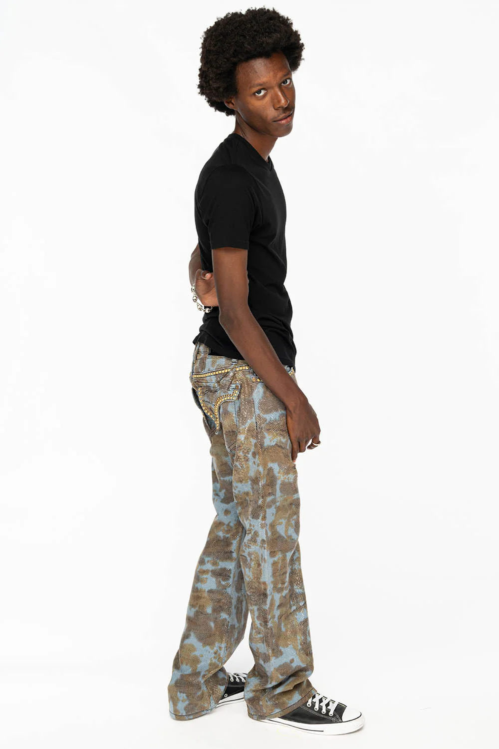 MENS LONG FLAP BOOT CUT JEANS IN SNAKE SKIN WASH WITH CRYSTALS AND STUDS - Image 3
