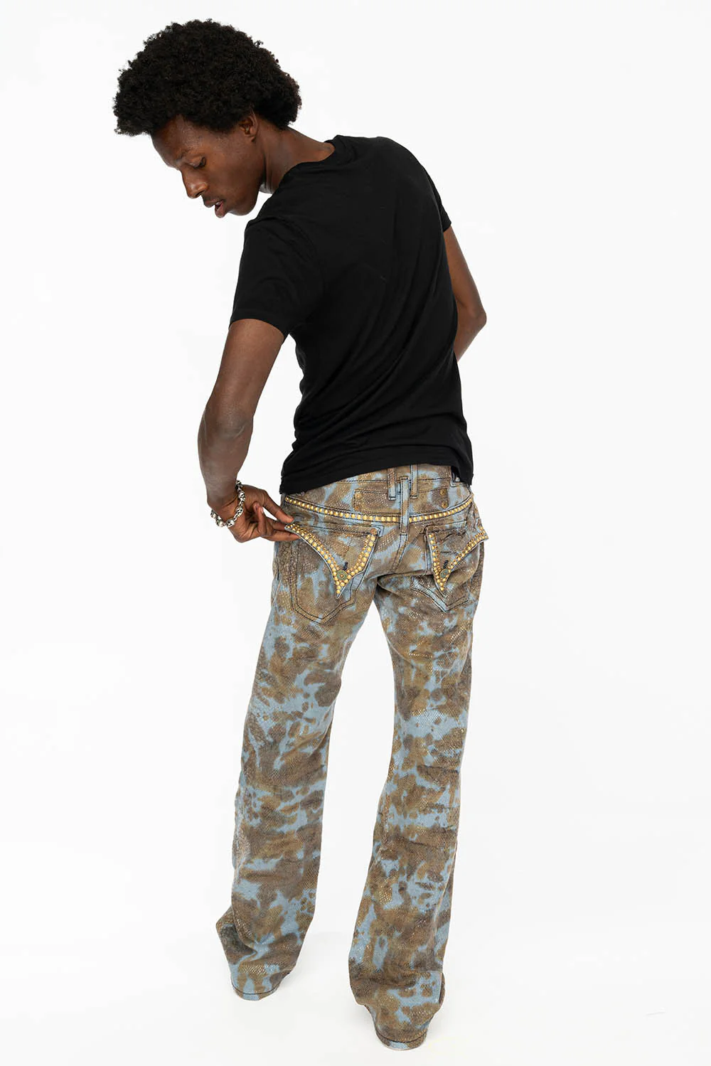 MENS LONG FLAP BOOT CUT JEANS IN SNAKE SKIN WASH WITH CRYSTALS AND STUDS - Image 4