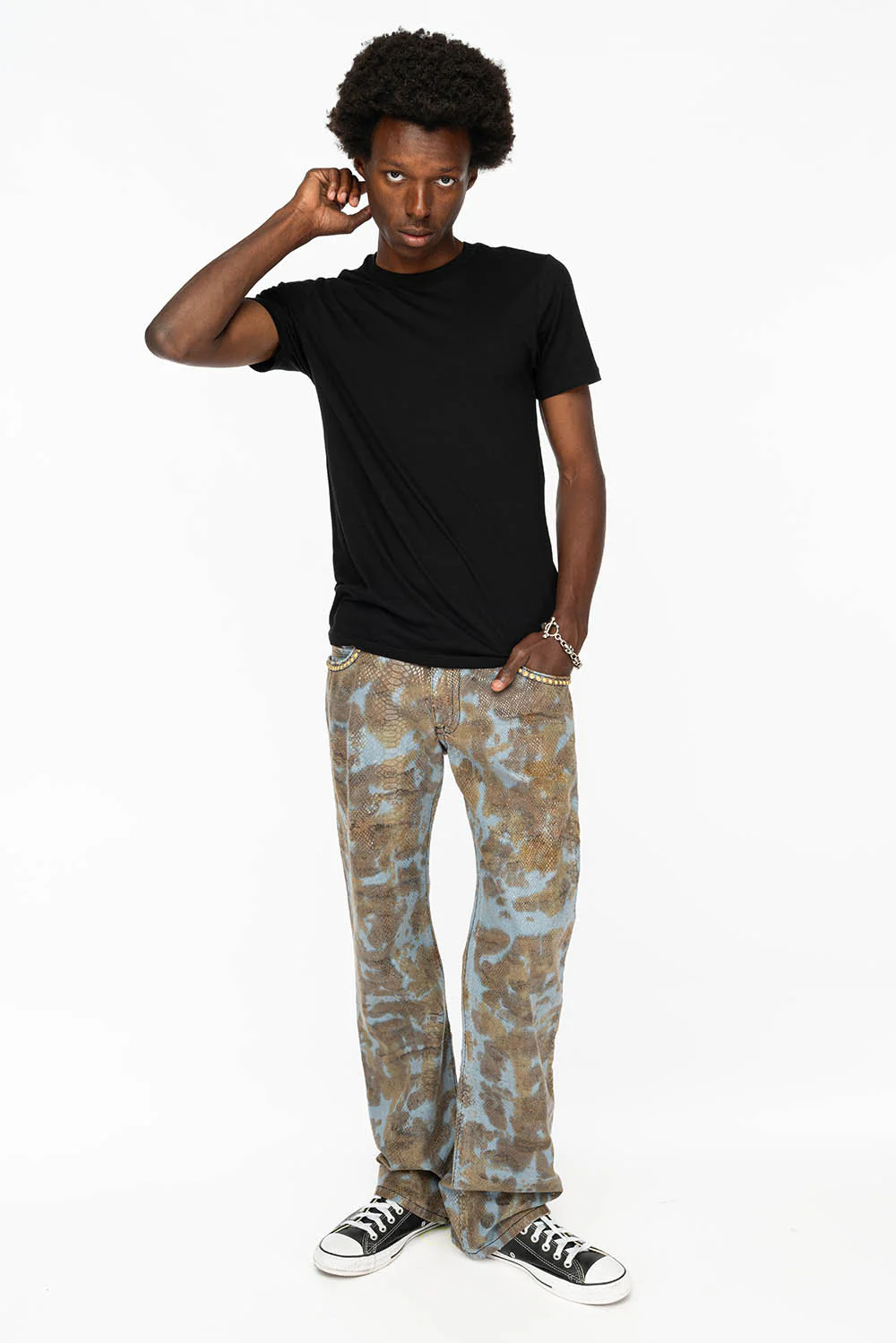 MENS LONG FLAP BOOT CUT JEANS IN SNAKE SKIN WASH WITH CRYSTALS AND STUDS - Image 5