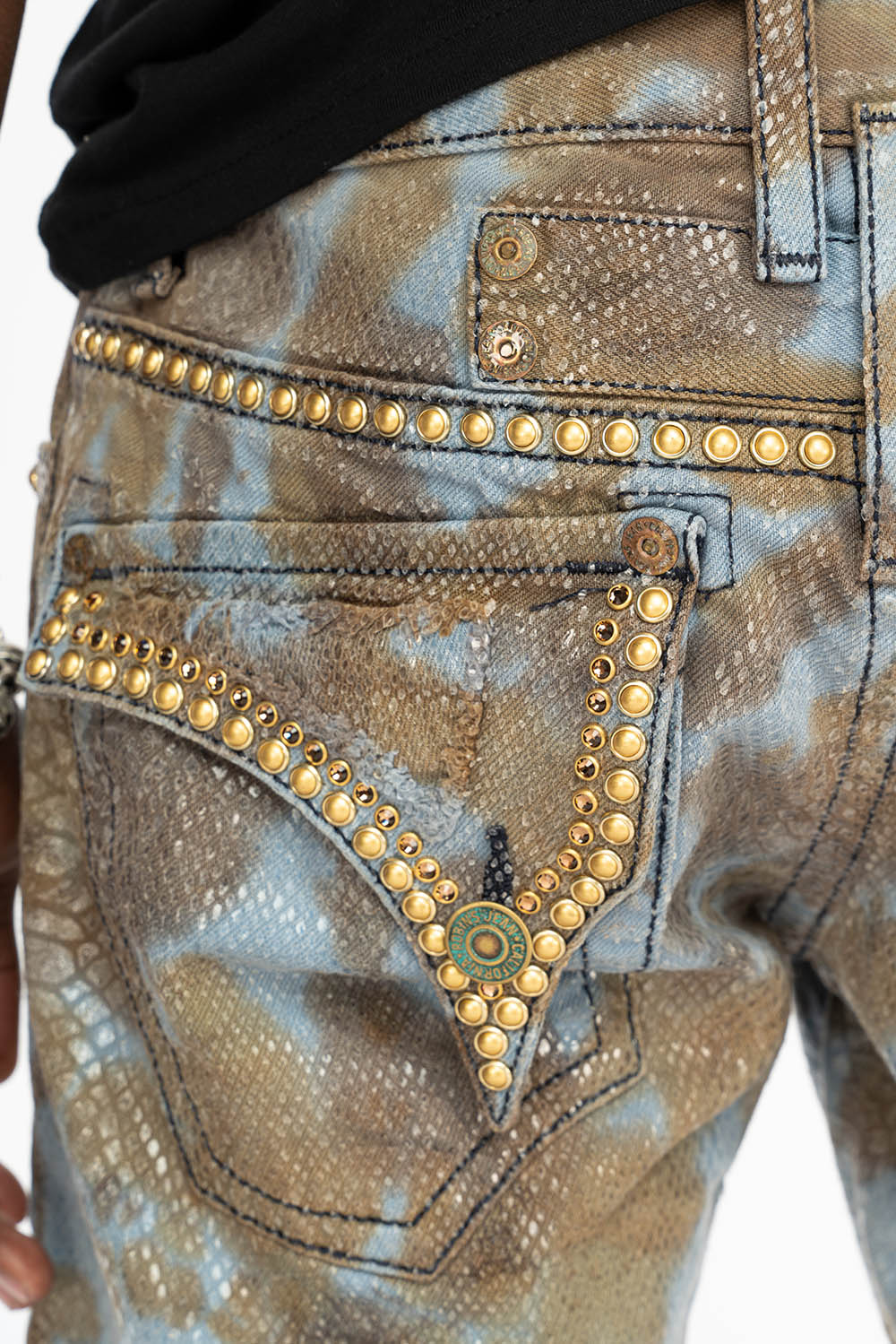 MENS LONG FLAP BOOT CUT JEANS IN SNAKE SKIN WASH WITH CRYSTALS AND STUDS - Image 6
