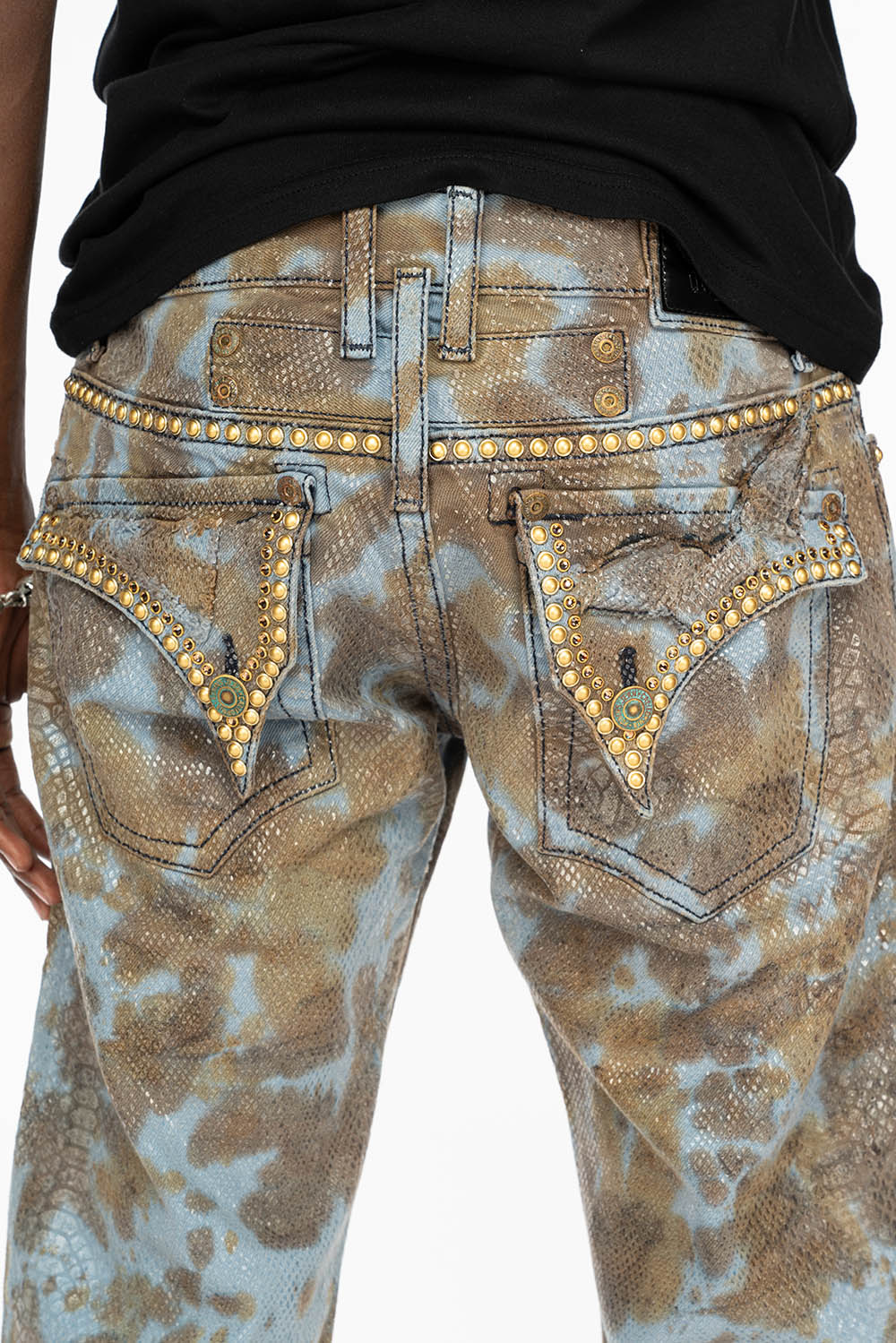 MENS LONG FLAP BOOT CUT JEANS IN SNAKE SKIN WASH WITH CRYSTALS AND STUDS - Image 7
