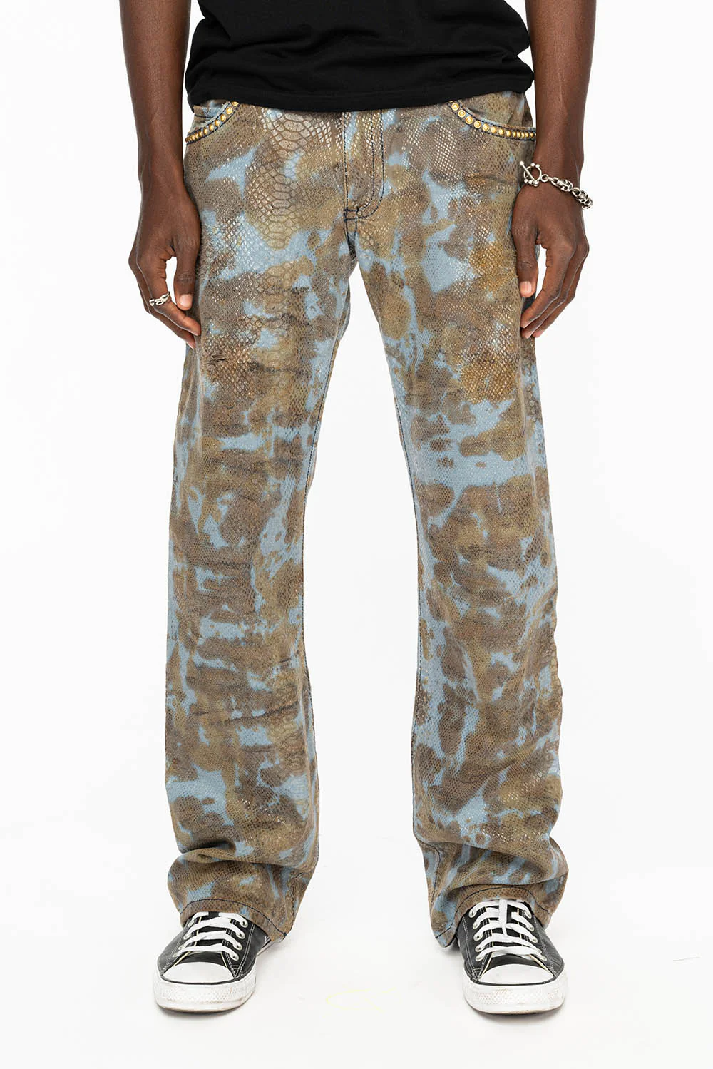 MENS LONG FLAP BOOT CUT JEANS IN SNAKE SKIN WASH WITH CRYSTALS AND STUDS - Image 9