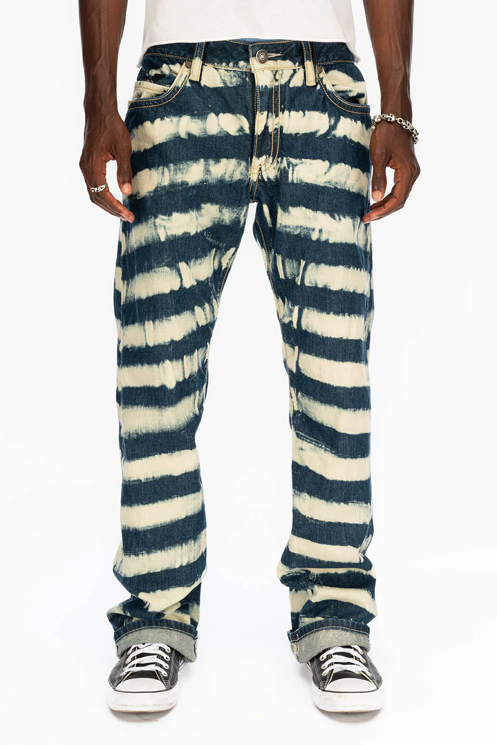 BLACK TOBACCO MENS BOOTCUT JEANS WITH CONTRAST STITCHING AND LEATHER INSERTS - Image 3