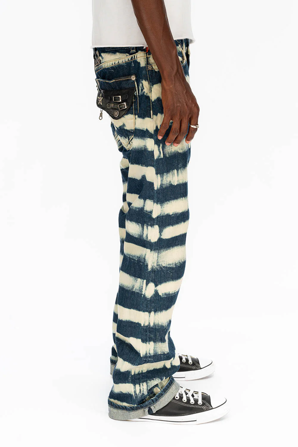 BLACK TOBACCO MENS BOOTCUT JEANS WITH CONTRAST STITCHING AND LEATHER INSERTS - Image 4