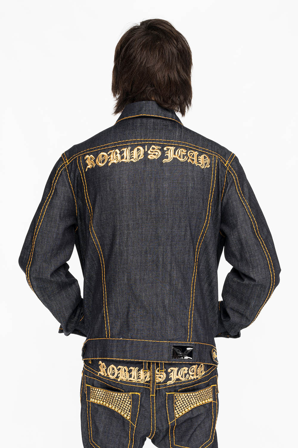ROBINS RAW DENIM COLLECTION MENS JACKET IN RAW INDIGO DENIM WITH AURUM  CRYSTAL AND STUDS - Image 3