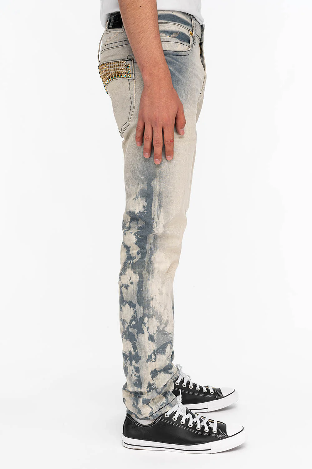 BIG MARLON 5 POCKET SLIM FIT MENS JEANS IN MINERAL LIGHT BLUE WITH CRYSTALS - Image 3