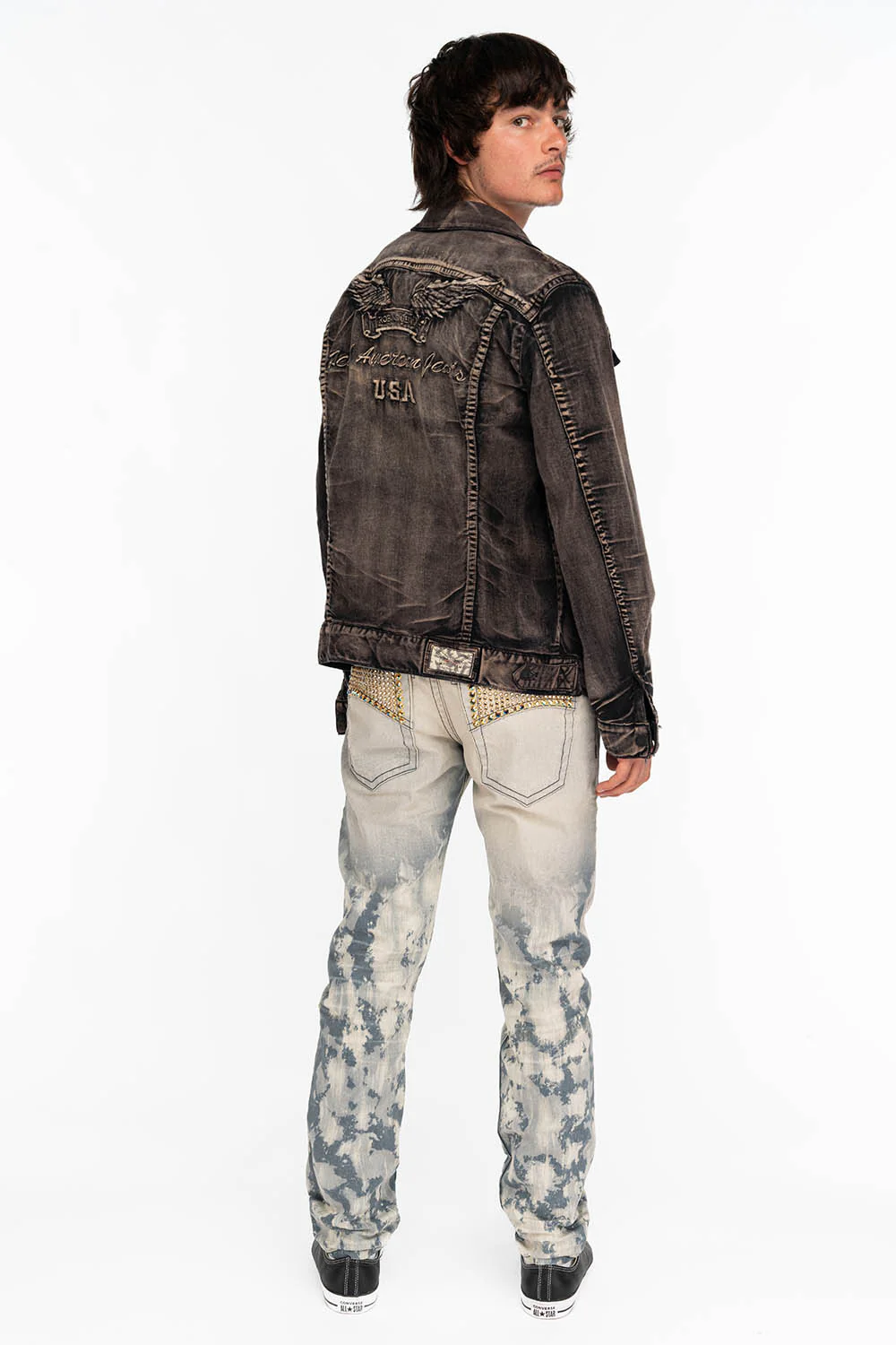 BIG MARLON 5 POCKET SLIM FIT MENS JEANS IN MINERAL LIGHT BLUE WITH CRYSTALS - Image 4