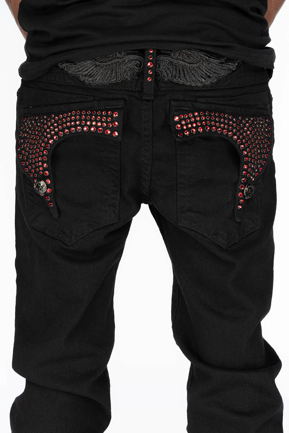 KILLER FLAP MENS SKINNY JEANS IN PURE BLACK WITH BLK TONAL WINGS AND FULL RED CRYSTALS - Image 3