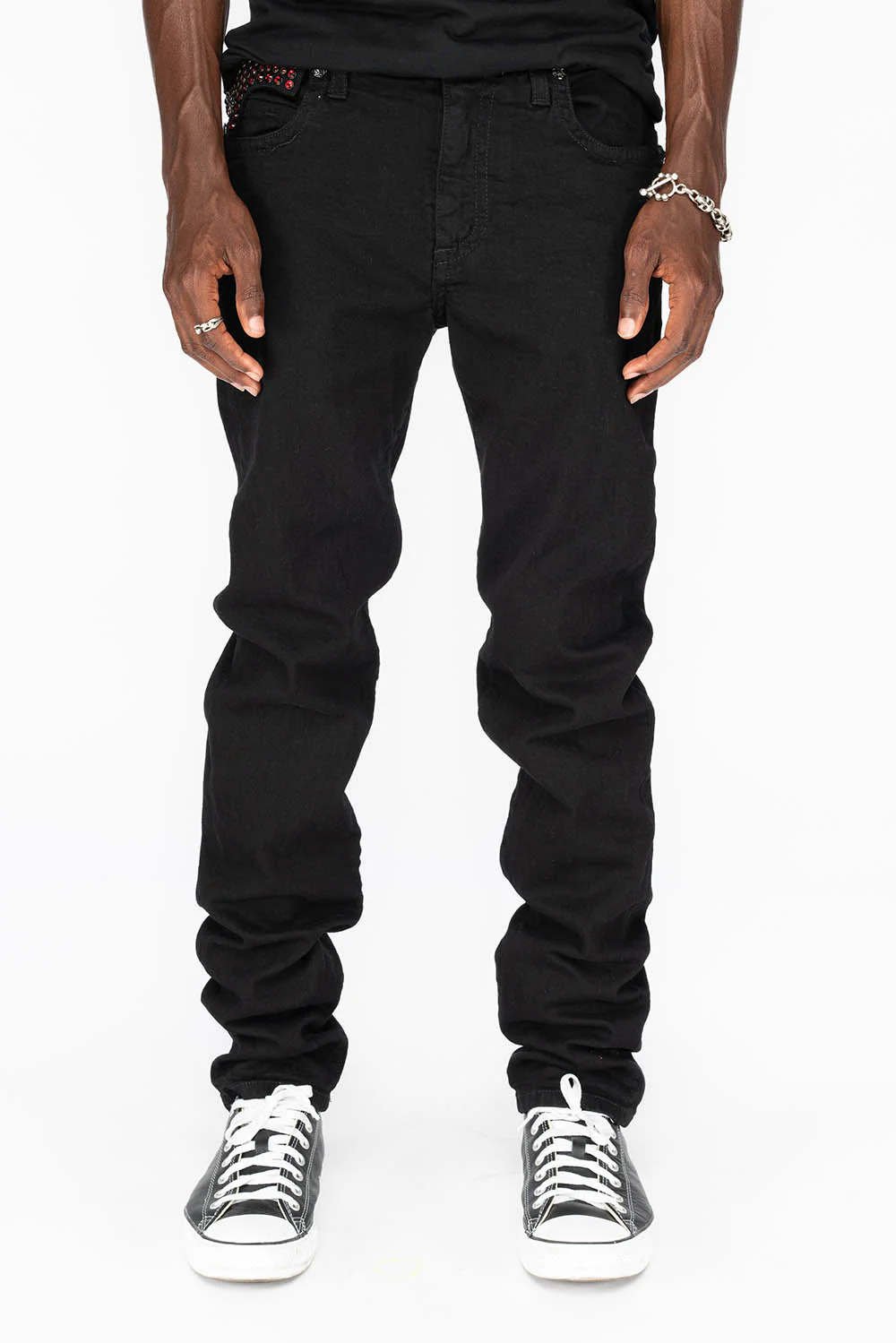 KILLER FLAP MENS SKINNY JEANS IN PURE BLACK WITH BLK TONAL WINGS AND FULL RED CRYSTALS - Image 4