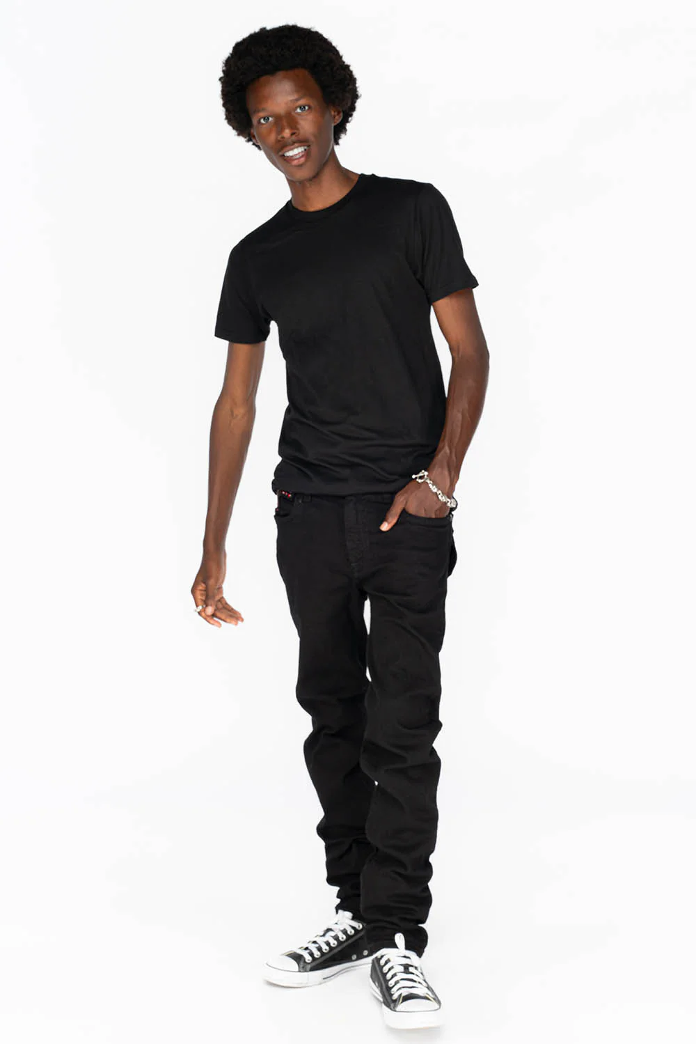 KILLER FLAP MENS SKINNY JEANS IN PURE BLACK WITH BLK TONAL WINGS AND FULL RED CRYSTALS - Image 5