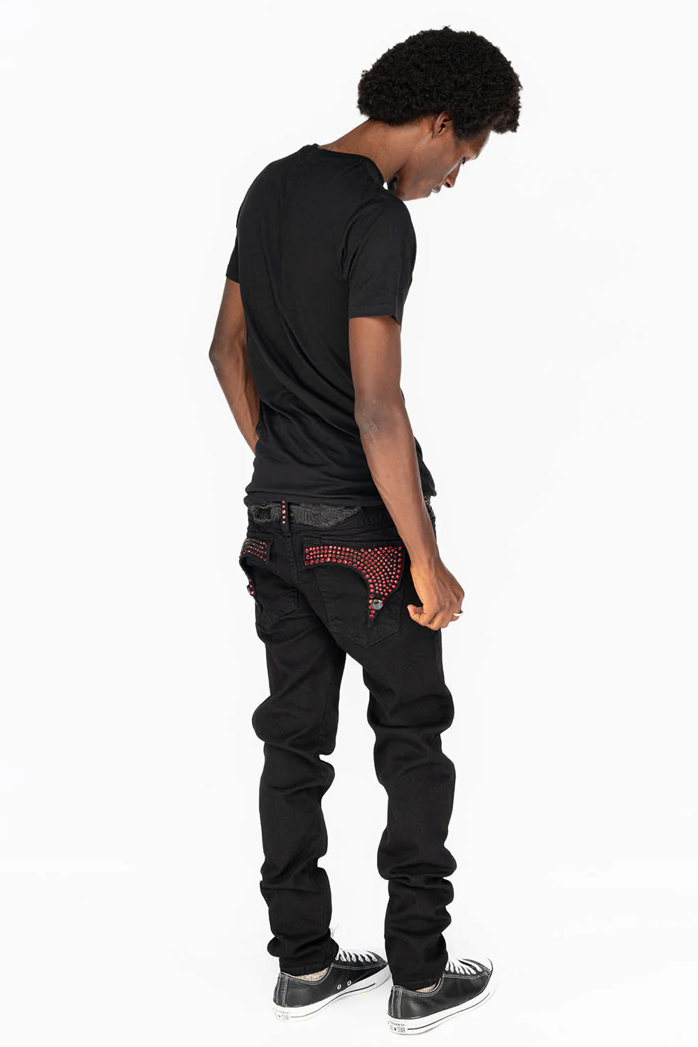 KILLER FLAP MENS SKINNY JEANS IN PURE BLACK WITH BLK TONAL WINGS AND FULL RED CRYSTALS - Image 6