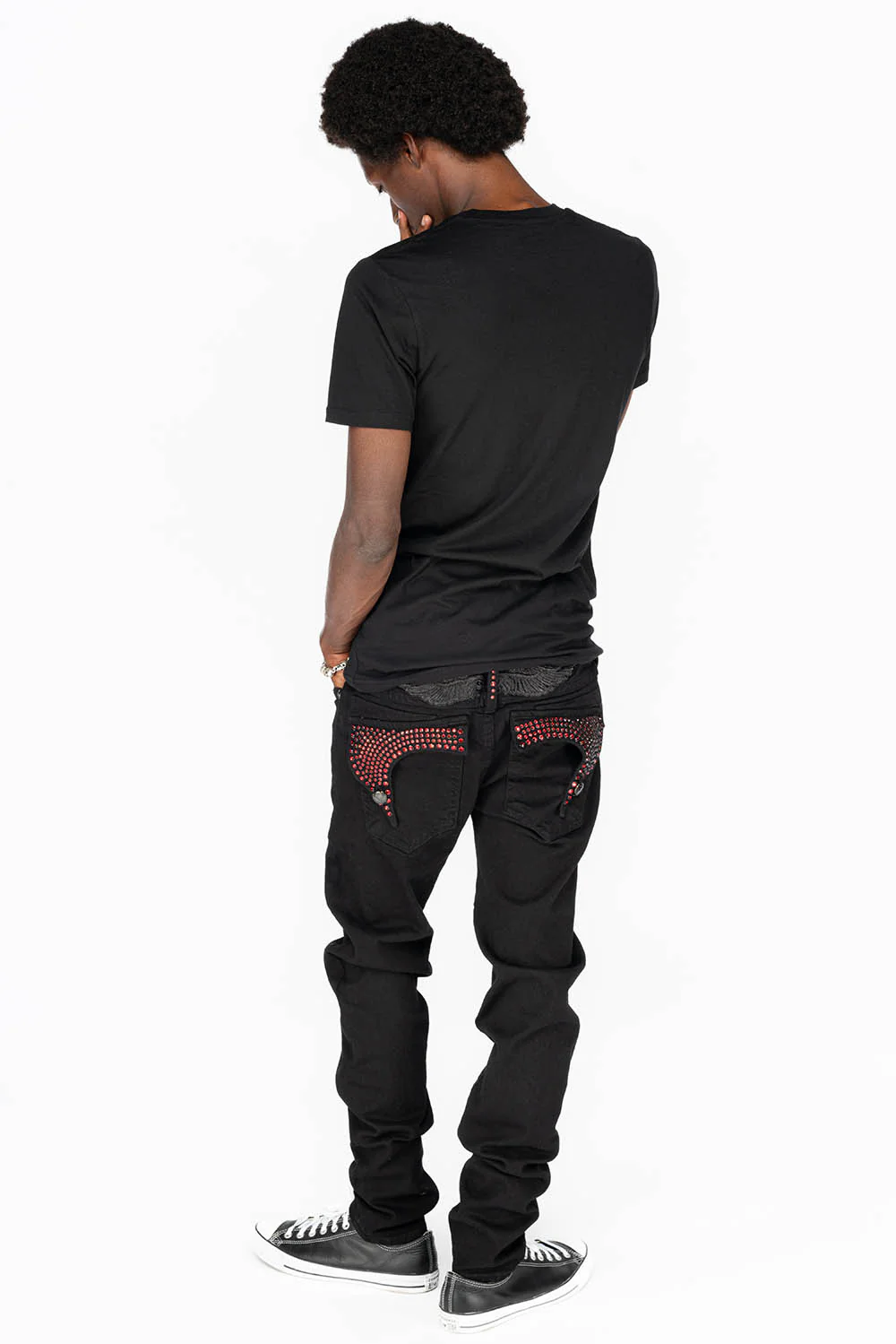 KILLER FLAP MENS SKINNY JEANS IN PURE BLACK WITH BLK TONAL WINGS AND FULL RED CRYSTALS - Image 7